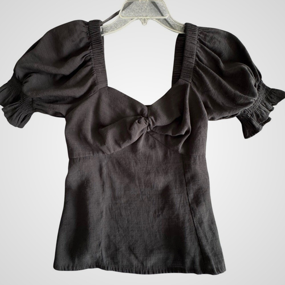 Nine West‎ Womens Black Puff Sleeve Sweetheart Knot Front Smocked Blouse Small